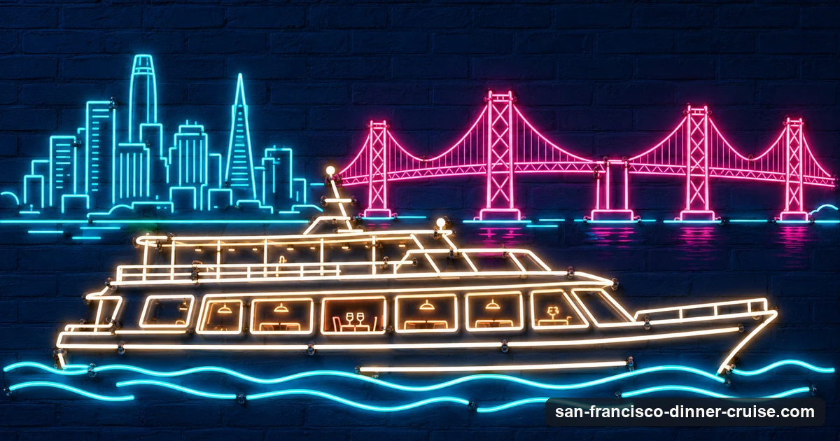 A neon-sign illustration of a dinner cruise boat with lit windows passing the San Francisco skyline and the Bay Bridge