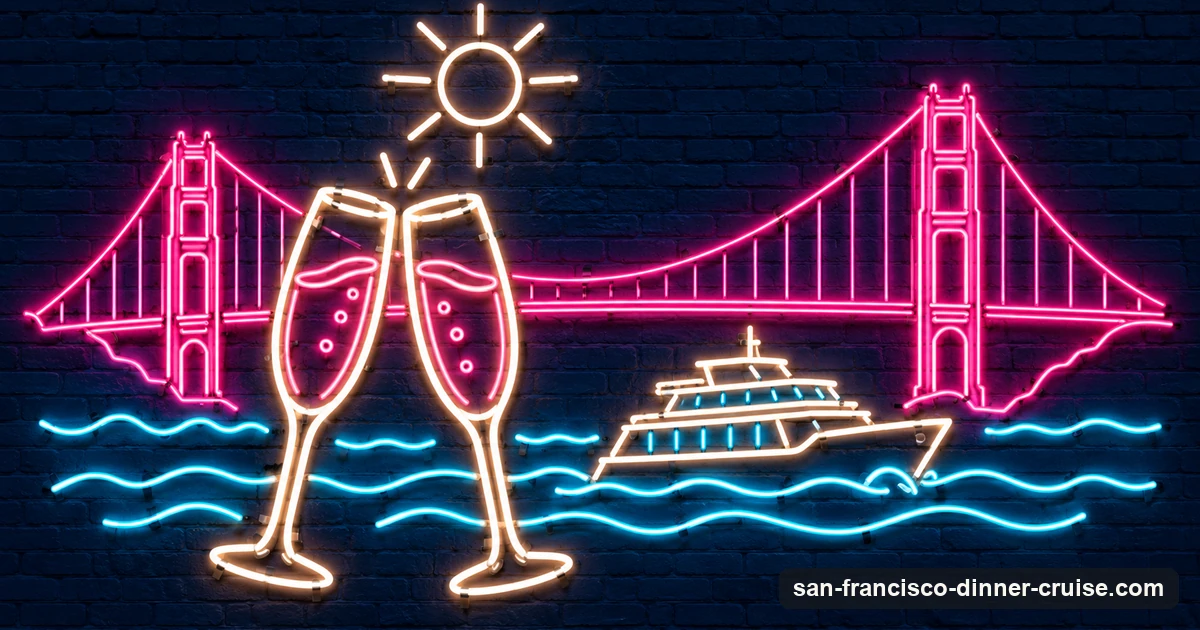 A neon-sign illustration of two mimosa glasses clinking with a cruise boat and the Golden Gate Bridge behind them
