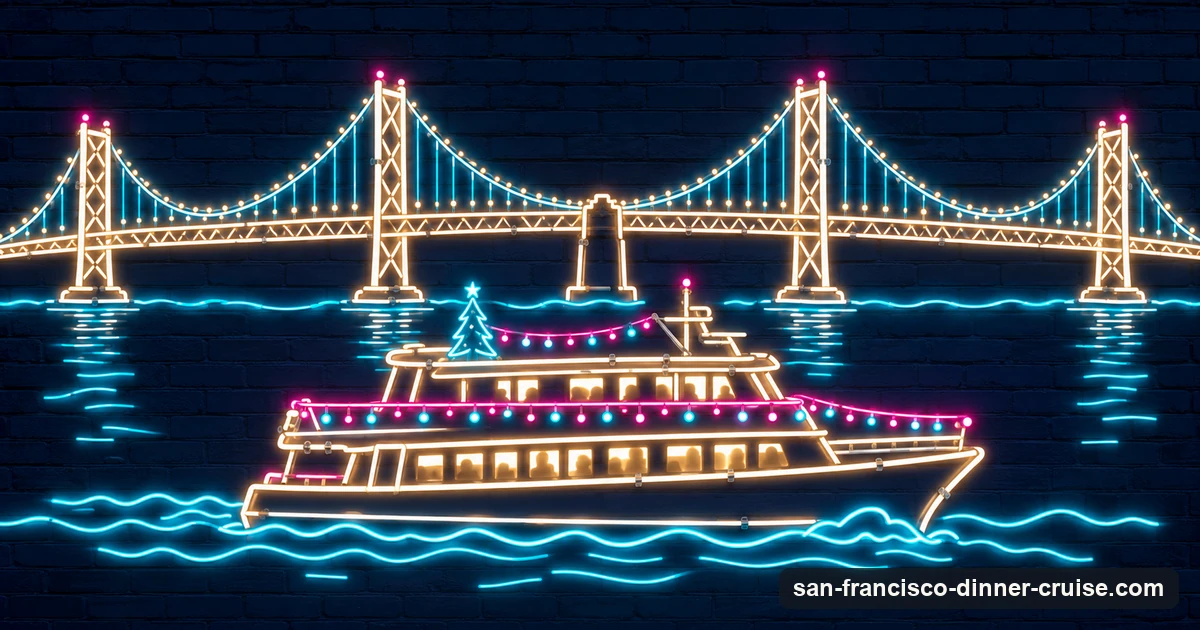 A neon-sign illustration of a dinner cruise boat strung with holiday lights in front of the Bay Bridge