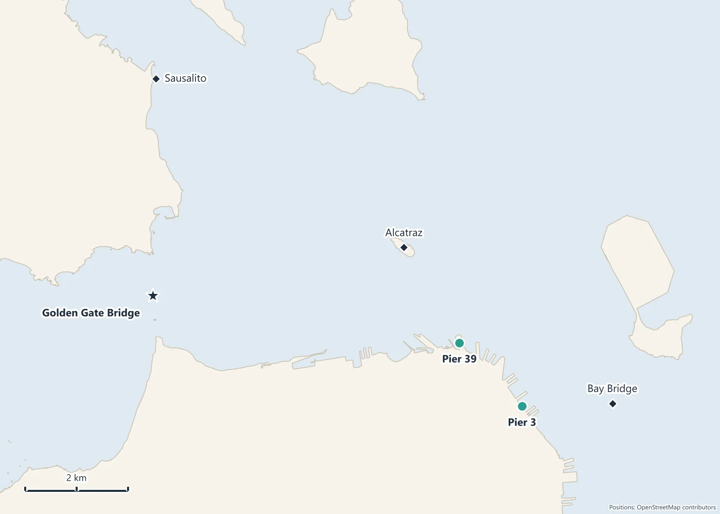 Map of San Francisco Bay showing Pier 3, Pier 39 and Pier 43 1/2 on the waterfront, and the Golden Gate Bridge, Alcatraz, Angel Island, Sausalito and the Bay Bridge