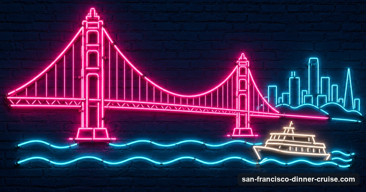 A neon-sign illustration of a sightseeing boat sailing towards the Golden Gate Bridge with the San Francisco skyline behind it