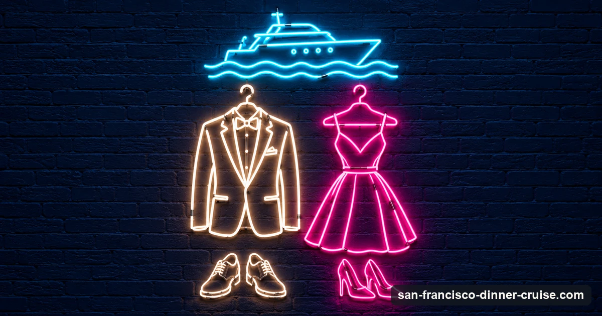 A neon-sign illustration of a dinner jacket with a bow tie and a cocktail dress on hangers under a small cruise boat