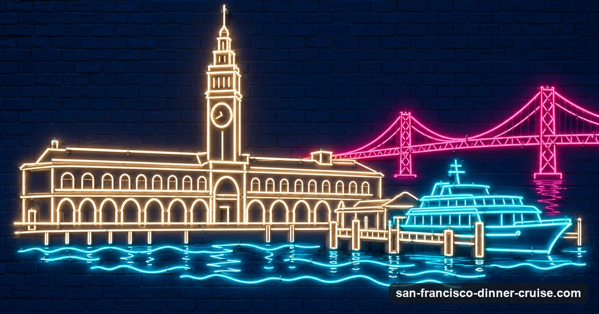 A neon-sign illustration of the Ferry Building clock tower with a dinner cruise boat moored at a pier beside it