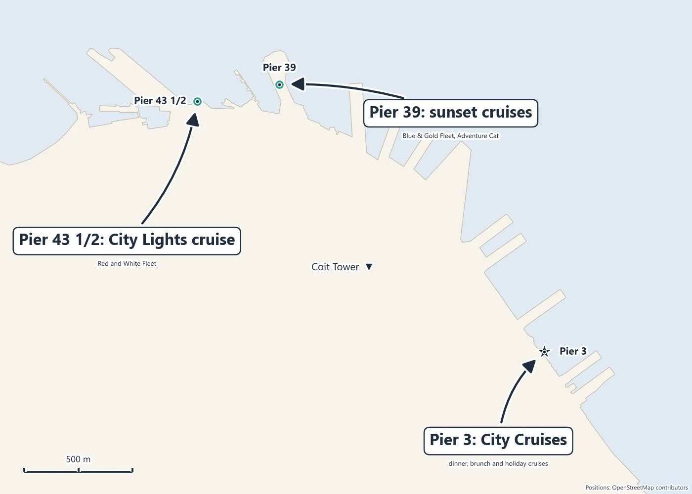 Map of the San Francisco waterfront showing Pier 3 next to the Ferry Building, and Pier 39 and Pier 43 1/2 at Fisherman's Wharf
