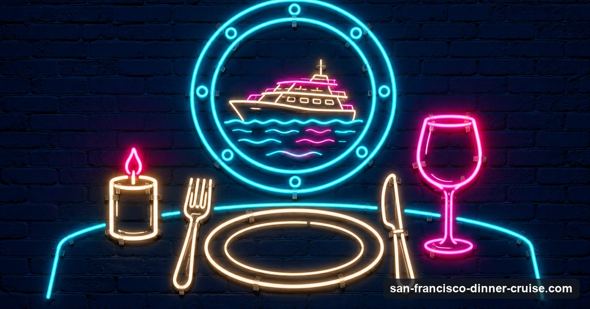 A neon-sign illustration of a dinner place setting with a wine glass and candle in front of a porthole with a cruise boat
