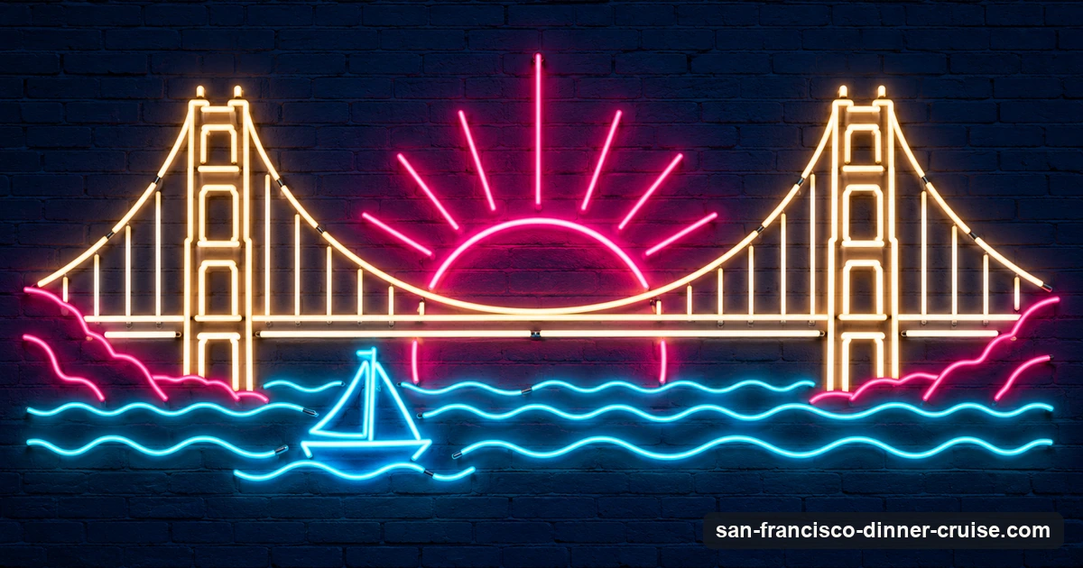 A neon-sign illustration of the sun setting between the towers of the Golden Gate Bridge with a small sailboat in front
