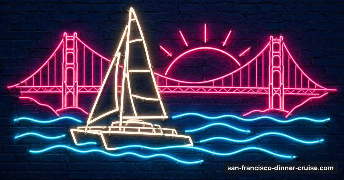 A neon-sign illustration of a sailing catamaran at sunset in front of the Golden Gate Bridge