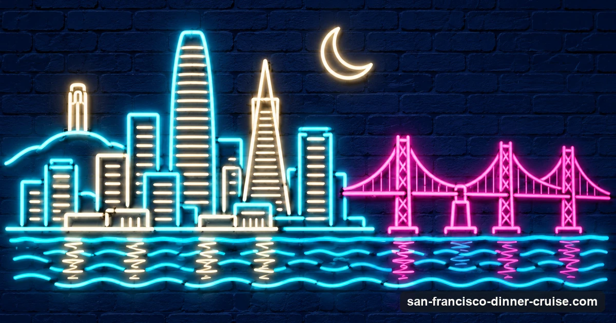 A neon-sign illustration of the San Francisco skyline at night with a crescent moon and the Bay Bridge